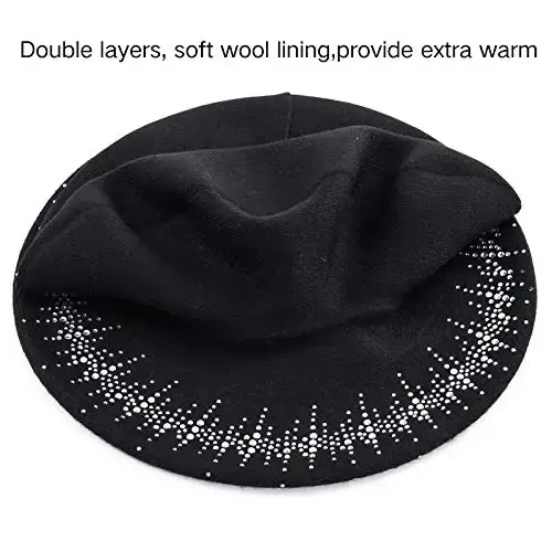 Rhinestone Beret Hats for Women 2 Layers Wool French Knit Cap Lady Winter Black - 3