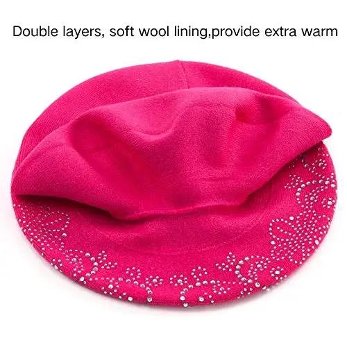 Rhinestone Beret Hats for Women 2 Layers Wool French Knit Cap Lady Winter Black - 3