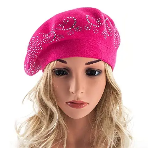 Rhinestone Beret Hats for Women 2 Layers Wool French Knit Cap Lady Winter Black - 4
