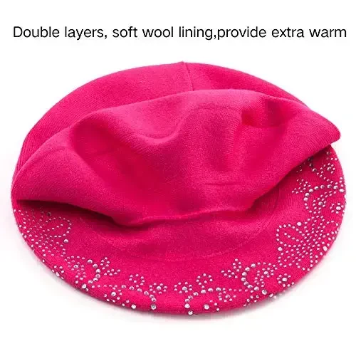 Rhinestone Beret Hats for Women 2 Layers Wool French Knit Cap Lady Winter Black - 3