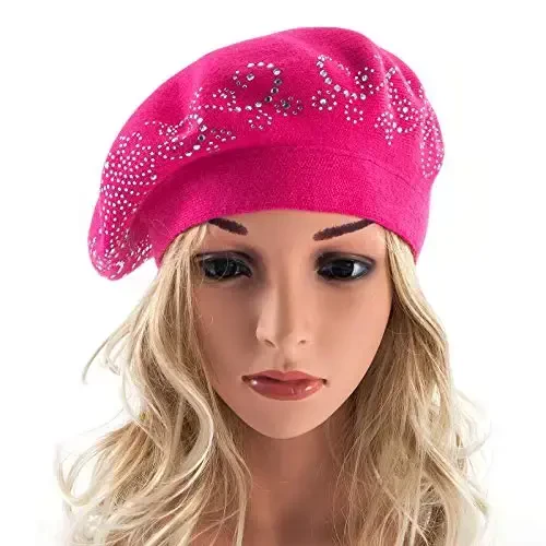 Rhinestone Beret Hats for Women 2 Layers Wool French Knit Cap Lady Winter Black - 5