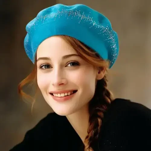 Rhinestone Beret Hats for Women 2 Layers Wool French Knit Cap Lady Winter Black - 2