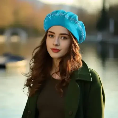 Rhinestone Beret Hats for Women 2 Layers Wool French Knit Cap Lady Winter Black - 3