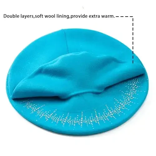 Rhinestone Beret Hats for Women 2 Layers Wool French Knit Cap Lady Winter Black - 5