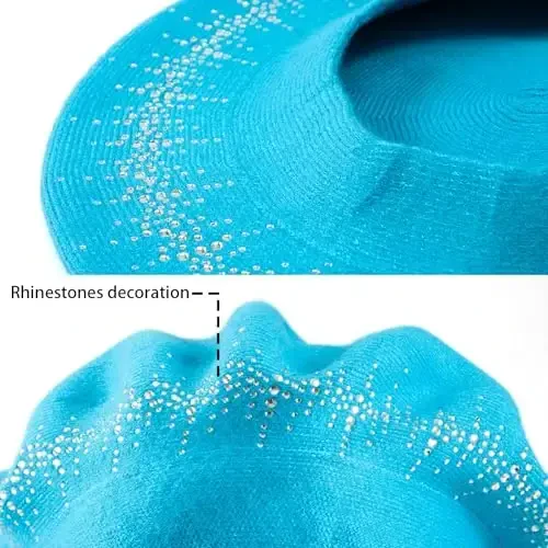 Rhinestone Beret Hats for Women 2 Layers Wool French Knit Cap Lady Winter Black - 6