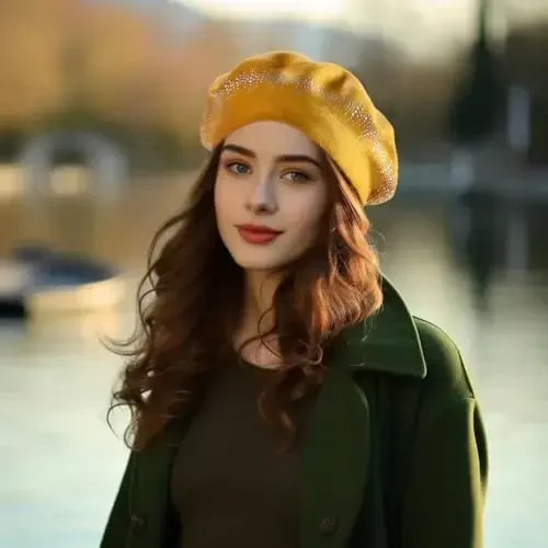 Rhinestone Beret Hats for Women 2 Layers Wool French Knit Cap Lady Winter Black - 4