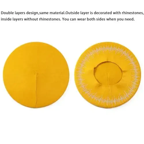 Rhinestone Beret Hats for Women 2 Layers Wool French Knit Cap Lady Winter Black - 5