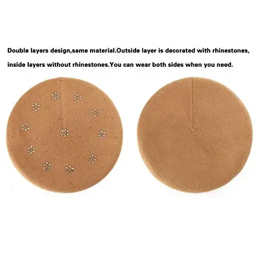 Rhinestone Beret Hats for Women 2 Layers Wool French Knit Cap Lady Winter Black - 2