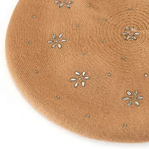Rhinestone Beret Hats for Women 2 Layers Wool French Knit Cap Lady Winter Black - 6