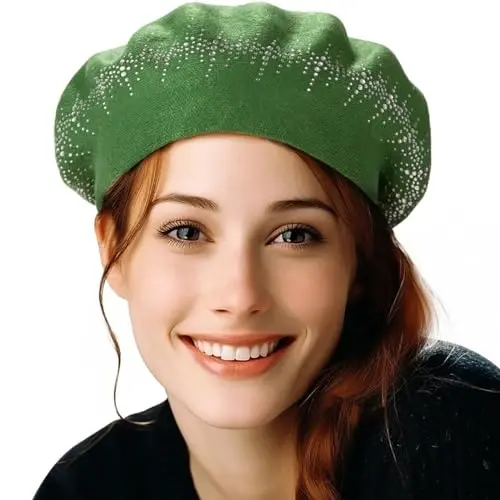 LADYBRO Rhinestone Beret Hats for Women 2 Layers Wool French Knit Cap Lady Winter Black - LADYBRO