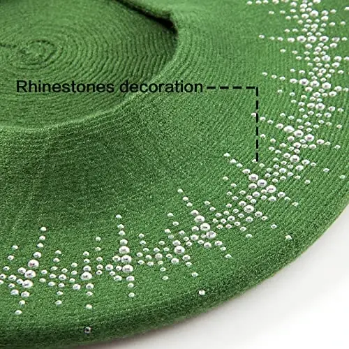 LADYBRO Rhinestone Beret Hats for Women 2 Layers Wool French Knit Cap Lady Winter Black - 4