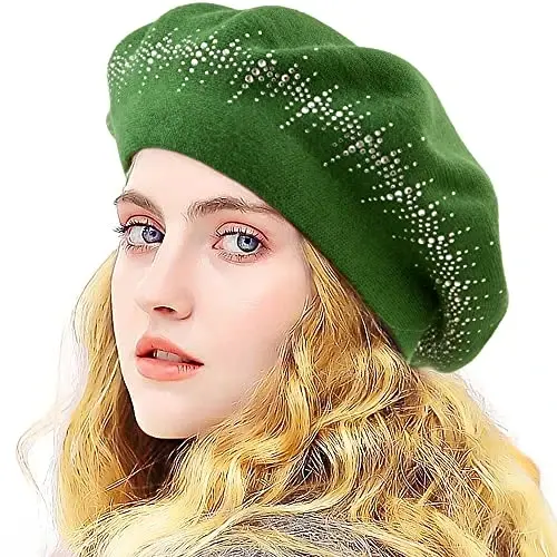 LADYBRO Rhinestone Beret Hats for Women 2 Layers Wool French Knit Cap Lady Winter Black - 6