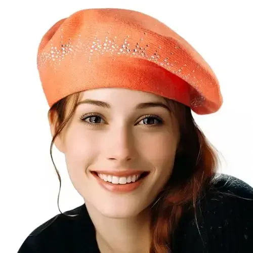 Rhinestone Beret Hats for Women 2 Layers Wool French Knit Cap Lady Winter Black 