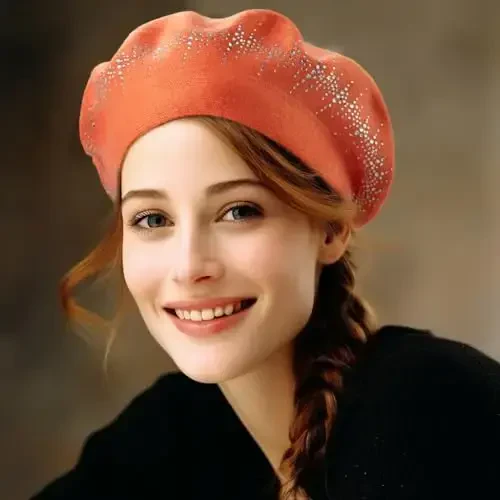 Rhinestone Beret Hats for Women 2 Layers Wool French Knit Cap Lady Winter Black - 3