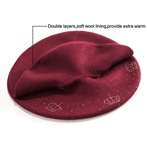 LADYBRO Rhinestone Beret Hats for Women 2 Layers Wool French Knit Cap Lady Winter Black - 3