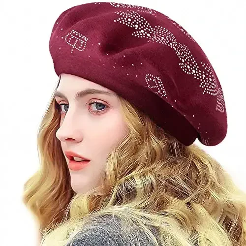 LADYBRO Rhinestone Beret Hats for Women 2 Layers Wool French Knit Cap Lady Winter Black - 1