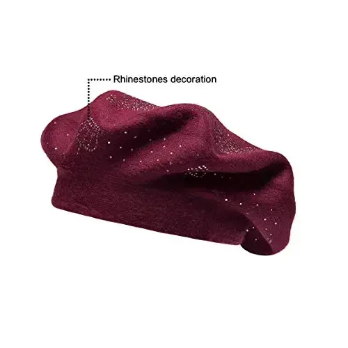 LADYBRO Rhinestone Beret Hats for Women 2 Layers Wool French Knit Cap Lady Winter Black - 6