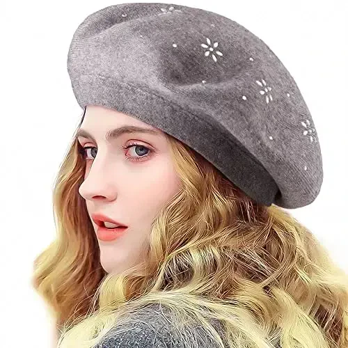 Rhinestone Beret Hats for Women 2 Layers Wool French Knit Cap Lady Winter Black - LADYBRO