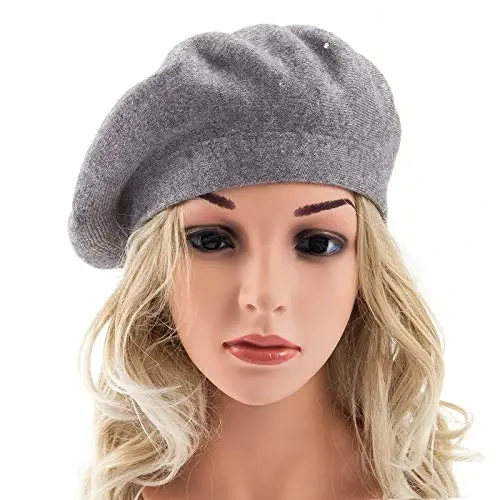 Rhinestone Beret Hats for Women 2 Layers Wool French Knit Cap Lady Winter Black - 4