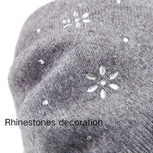 Rhinestone Beret Hats for Women 2 Layers Wool French Knit Cap Lady Winter Black - 6
