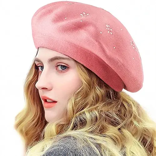 Rhinestone Beret Hats for Women 2 Layers Wool French Knit Cap Lady Winter Black - 2