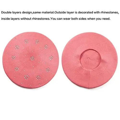 Rhinestone Beret Hats for Women 2 Layers Wool French Knit Cap Lady Winter Black - 3