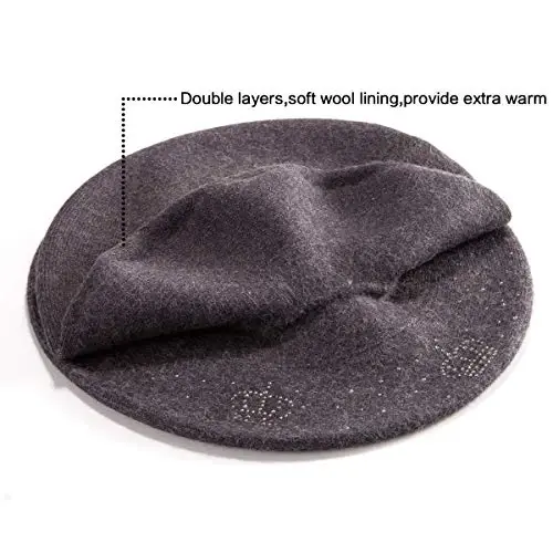 Rhinestone Beret Hats for Women 2 Layers Wool French Knit Cap Lady Winter Black - 3