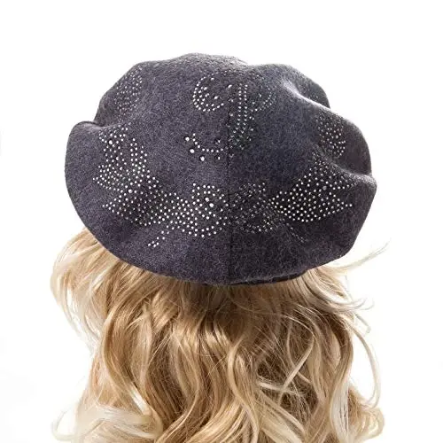 Rhinestone Beret Hats for Women 2 Layers Wool French Knit Cap Lady Winter Black - 4