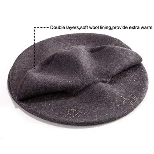 Rhinestone Beret Hats for Women 2 Layers Wool French Knit Cap Lady Winter Black - 3