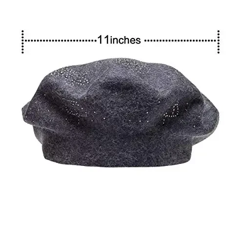 Rhinestone Beret Hats for Women 2 Layers Wool French Knit Cap Lady Winter Black - 6