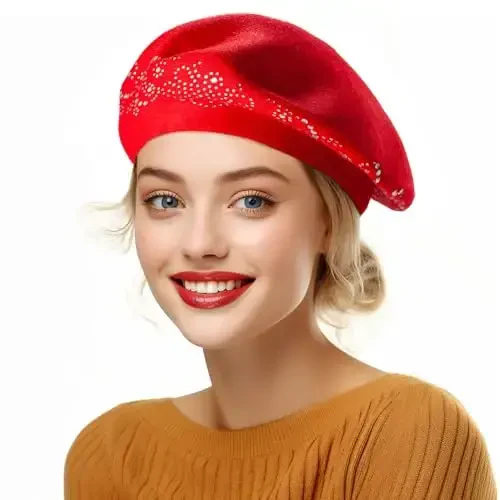 Rhinestone Beret Hats for Women 2 Layers Wool French Knit Cap Lady Winter Black - 4