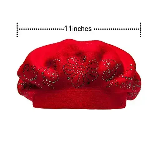 Rhinestone Beret Hats for Women 2 Layers Wool French Knit Cap Lady Winter Black - 5