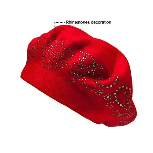Rhinestone Beret Hats for Women 2 Layers Wool French Knit Cap Lady Winter Black - 6