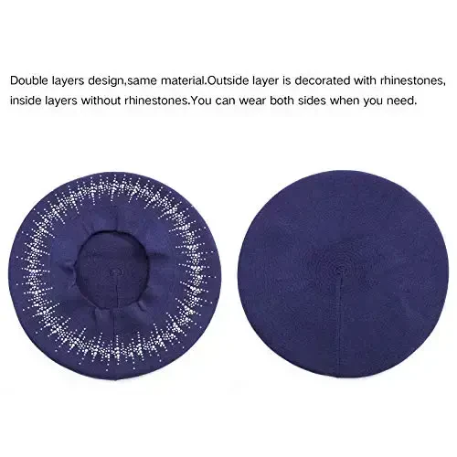 Rhinestone Beret Hats for Women 2 Layers Wool French Knit Cap Lady Winter Black - LADYBRO (1)