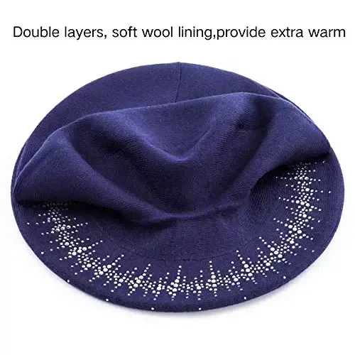 Rhinestone Beret Hats for Women 2 Layers Wool French Knit Cap Lady Winter Black - 3