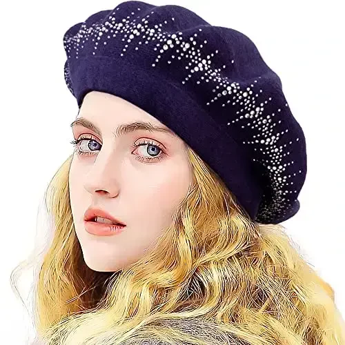 Rhinestone Beret Hats for Women 2 Layers Wool French Knit Cap Lady Winter Black - 4