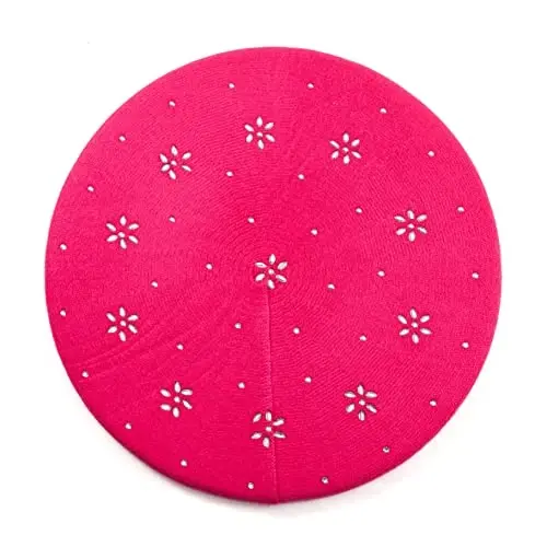 Rhinestone Beret Hats for Women 2 Layers Wool French Knit Cap Lady Winter Black - 6