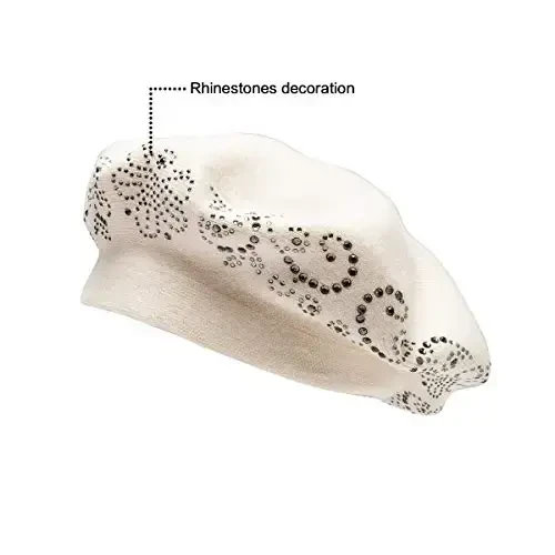 Rhinestone Beret Hats for Women 2 Layers Wool French Knit Cap Lady Winter Black - 5