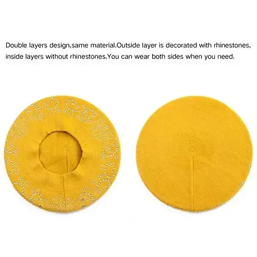 Rhinestone Beret Hats for Women 2 Layers Wool French Knit Cap Lady Winter Black - 2