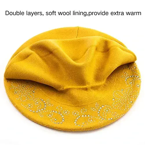 Rhinestone Beret Hats for Women 2 Layers Wool French Knit Cap Lady Winter Black - 3