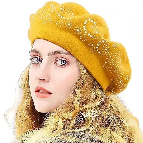 Rhinestone Beret Hats for Women 2 Layers Wool French Knit Cap Lady Winter Black - 4