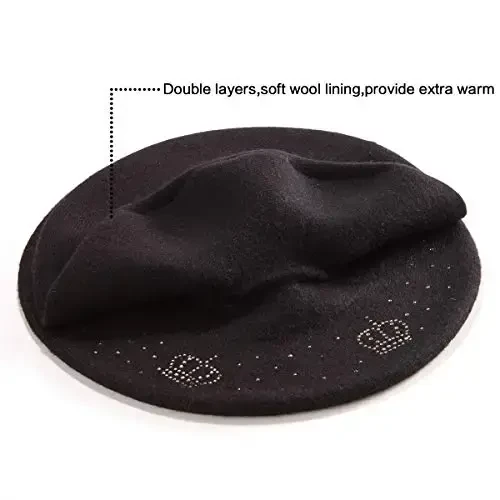 LADYBRO Rhinestone Beret Hats for Women 2 Layers Wool French Knit Cap Lady Winter Black - 3
