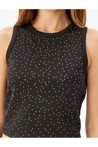 Rhinestone Halter Neck Sleeveless Scuba Crop Top-Black - 5
