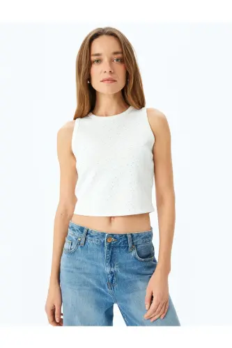 Rhinestone Halter Neck Sleeveless Scuba Crop Top-White - 3