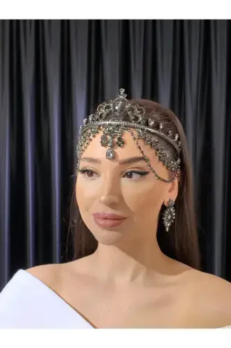 Rhinestone Headband Bride Wedding Engagement Henna Headband Hurrem-ANTHRACITE - 1