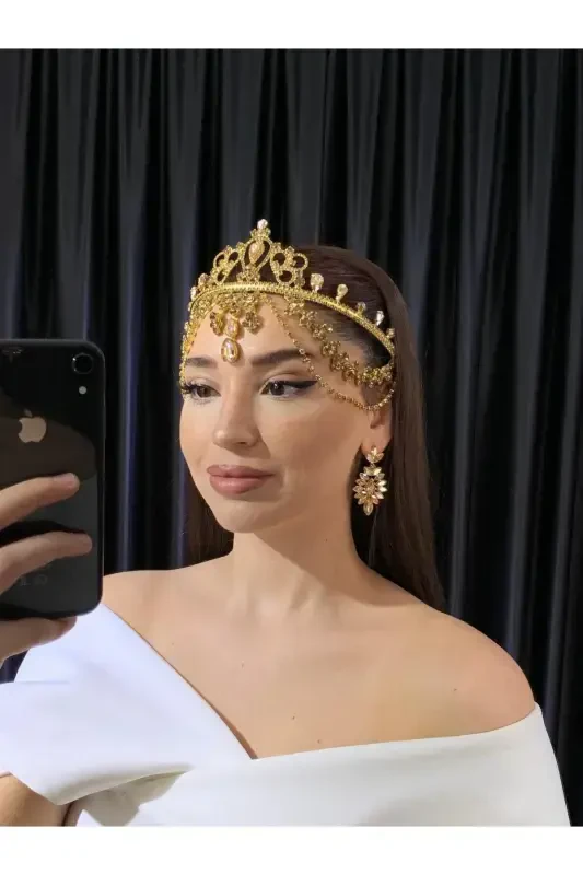 Rhinestone Headband Bride Wedding Engagement Henna Headband Hurrem-gold - BEYOĞLU NİŞANTAŞI