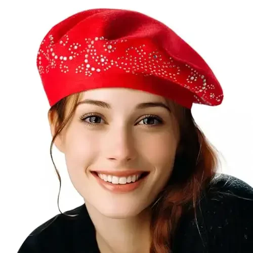 LADYBRO Rhinestone Beret Hats for Women 2 Layers Wool French Knit Cap Lady Winter Black 