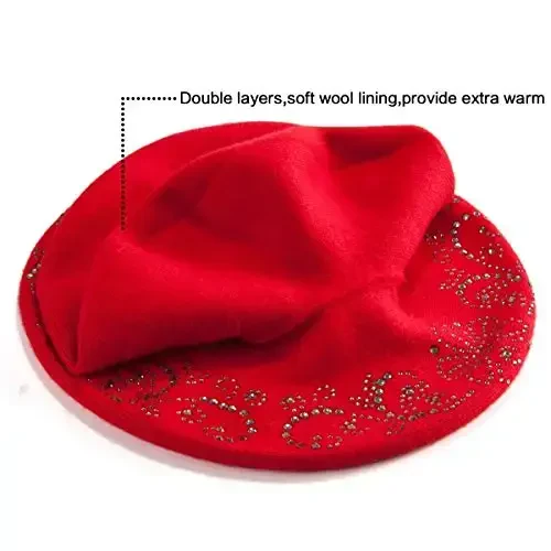 Rhinestone Beret Hats for Women 2 Layers Wool French Knit Cap Lady Winter Black - 3