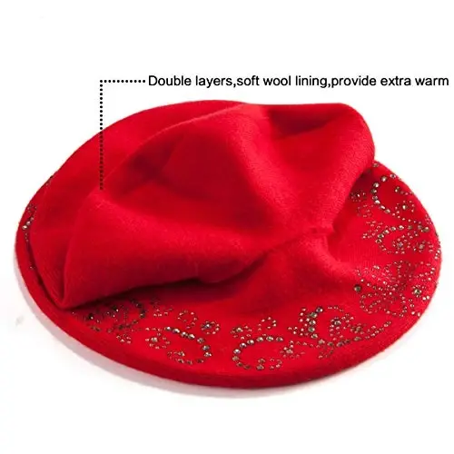 LADYBRO Rhinestone Beret Hats for Women 2 Layers Wool French Knit Cap Lady Winter - 2