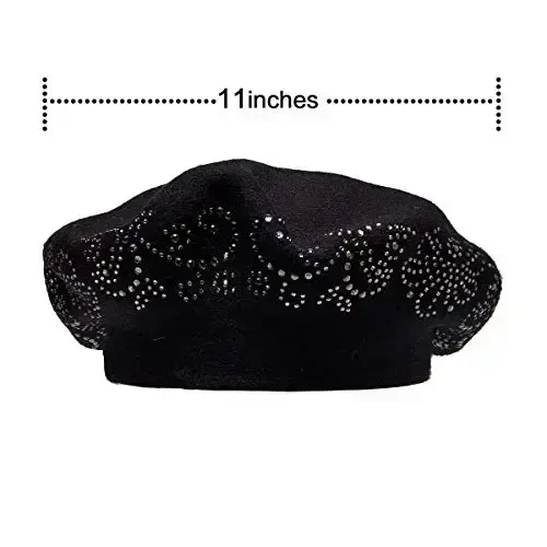 LADYBRO Rhinestone Beret Hats for Women 2 Layers Wool French Knit Cap Lady Winter Black - 5